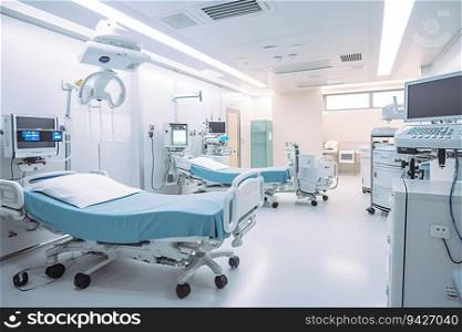 Clean Modern Bright Patients&rsquo; Hospital Room Interior with Beds. Generative ai. High quality illustration. Clean Modern Bright Patients&rsquo; Hospital Room Interior with Beds. Generative ai