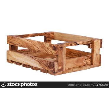 Clean new empty crate made from olive wood isolated on white background