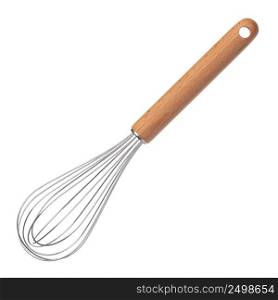 Clean new steel whisk isolated on white background. Cooking egg beater mixer whisker with wooden handle.