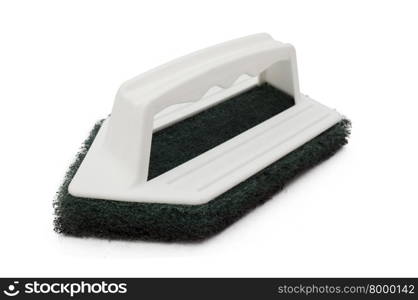 Clean scrubber isolated on white background, green fiber scourer with plastic handle