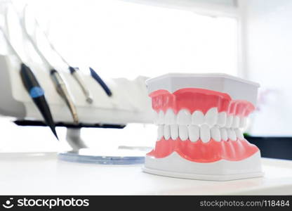 Clean teeth denture, dental jaw model in dentist’s office. Dentistry instruments and equipment in the background. Clean teeth denture, dental jaw model in dentist’s office.