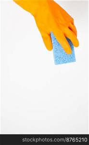 Cleaner concept, Hand in orange rubber gloves and holding light blue sponge to cleaning in home.