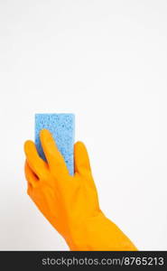 Cleaner concept, Hand in orange rubber gloves and holding light blue sponge to cleaning in home.