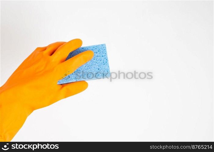 Cleaner concept, Hand in orange rubber gloves and holding light blue sponge to cleaning in home.