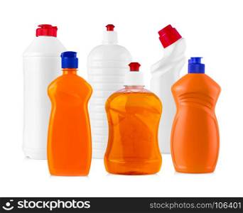 cleaning equipment isolated on a white background. colored plastic bottles with Detergent isolated on white background .