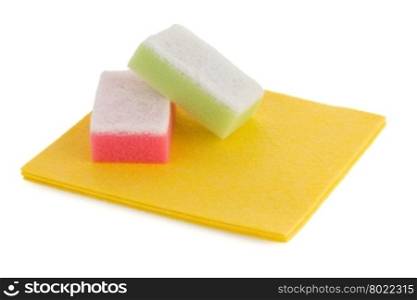 Cleaning equipment, sponges and cloth on a white background.