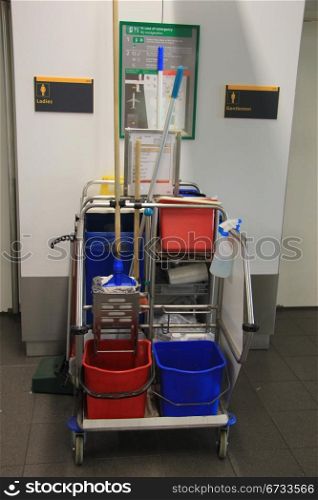 Cleaning equipment trolley, used in a public area