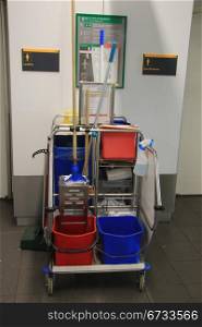 Cleaning equipment trolley, used in a public area