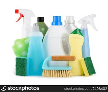 Cleaning liquids and tools assortment set for different housework. Bathroom, kitchen, office house cleaning service equipment. Isolated on white background.