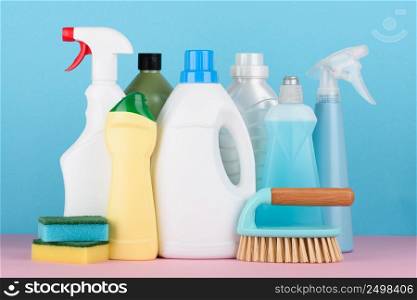 Cleaning liquids and tools set for different housework. Bathroom, kitchen, office house cleaning service equipment.