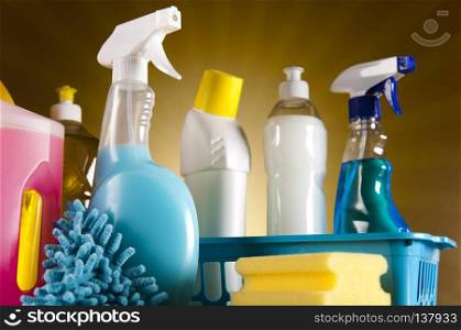Cleaning products and sunset, home work colorful theme