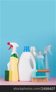 Cleaning products and tools set for different housework. Bathroom, kitchen, office house cleaning service equipment.