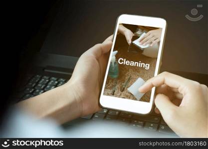 Cleaning search on mobile phone save lives Time period Coronavirus 2019 or Covid-19 social media campaign background concept. Mockup phone.