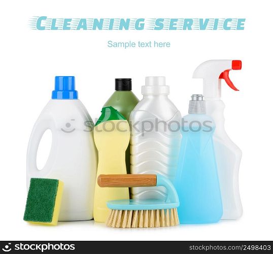 Cleaning service liquids and tools assortment isolated on white.