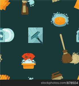 Cleaning service, tools and instruments seamless pattern vector. Chores gloves and liquid to wash plates poured in plastic bottle. Vacuuming and hoovering, mopping floor with duster and mop.. Cleaning service, tools and instruments seamless pattern vector