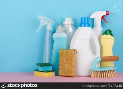 Cleaning supplies and tools set for different housework. Bathroom, kitchen, office house cleaning service equipment.