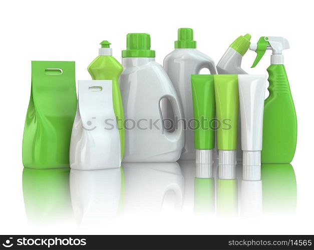 Cleaning supplies. Household chemical detergent bottles on white isolated background.