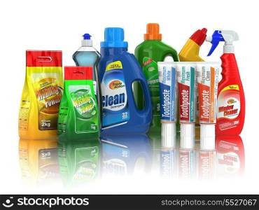 Cleaning supplies. Household chemical detergent bottles on white isolated background.