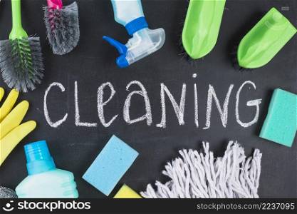 cleaning text surrounded with equipments blackboard
