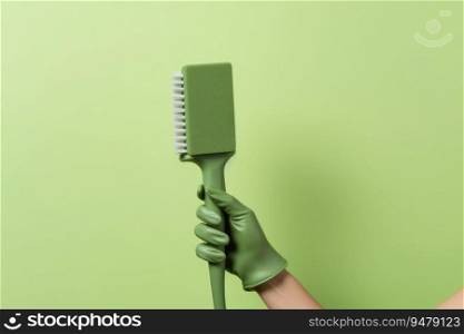 Cleaning tool in a hand in a green rubber glove. Generative AI