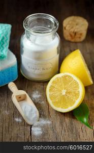 Cleaning tools lemon and sodium bicarbonate for house keeping