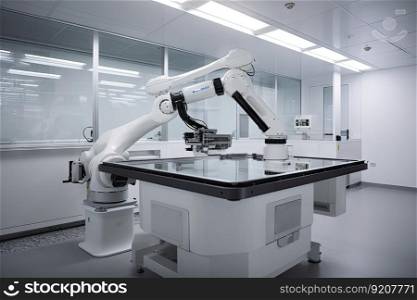 cleanroom robot, with its arms extended and handling delicate instruments, created with generative ai. cleanroom robot, with its arms extended and handling delicate instruments
