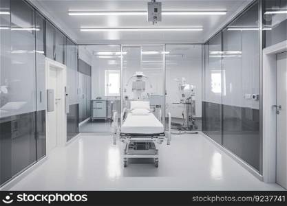cleanroom robot, with tray of medical instruments, in high-tech hospital, created with generative ai. cleanroom robot, with tray of medical instruments, in high-tech hospital