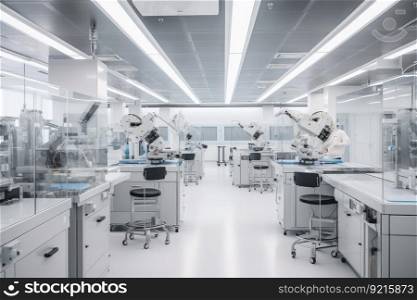cleanroom with robotic arms and hands working on delicate electronic components, created with generative ai. cleanroom with robotic arms and hands working on delicate electronic components