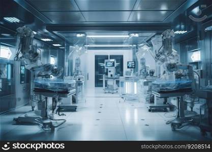 cleanroom with robots performing complex surgical procedures, such as heart, created with generative ai. cleanroom with robots performing complex surgical procedures, such as heart