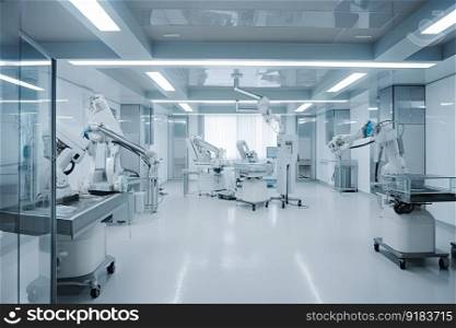 cleanroom with robots performing complex surgical procedures, transplanting and tissues, created with generative ai. cleanroom with robots performing complex surgical procedures, transplanting and tissues
