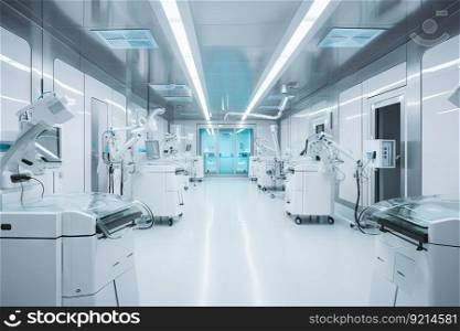 cleanroom with robots performing delicate and precise surgical procedures, created with generative ai. cleanroom with robots performing delicate and precise surgical procedures