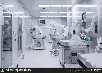 cleanroom with sterile environment robot handing tools for surgical procedure, created with generative ai. cleanroom with sterile environment robot handing tools for surgical procedure