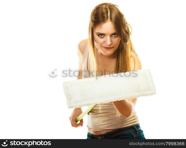 Cleanup housework concept. Funny cleaning girl young woman mopping floor, holding new mop white background