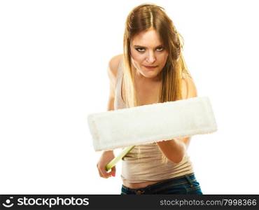 Cleanup housework concept. Funny cleaning girl young woman mopping floor, holding new mop white background