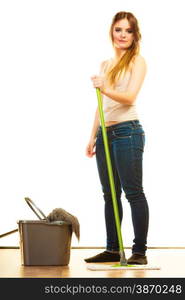 Cleanup housework concept. Funny cleaning girl young woman mopping floor, holding two mops new and old white background