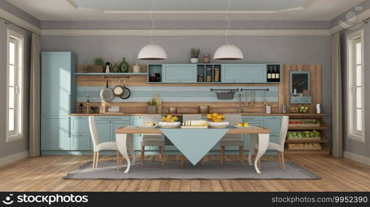 Clear blue classic kitchen with elegant table set and chairs - 3d rendering. Clear blue classic kitchen