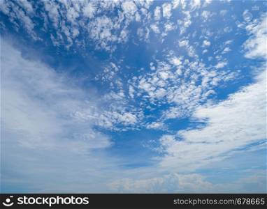 Clear blue sky with white fluffy clouds. Nature background.