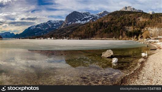 Clear Cold Panorama Landscape with blue sky at Grundlsee, Austria. Copy Space.
