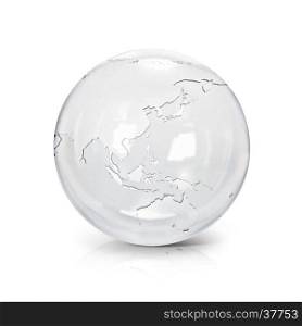Clear glass globe 3D illustration Asia & Australia map on white background