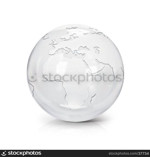 Clear glass globe 3D illustration europe and africa map on white background
