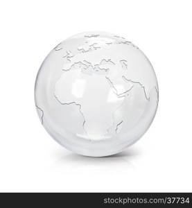 Clear glass globe 3D illustration europe and africa map on white background