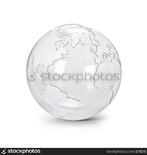 Clear glass globe 3D illustration North and South America map on white background