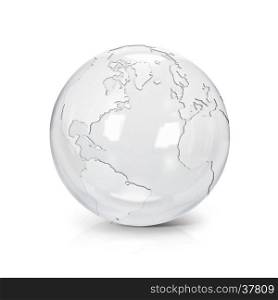 Clear glass globe 3D illustration North and South America map on white background