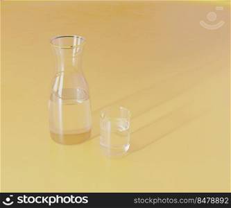 Clear glass of water and carafe on bright yellow surface, 3d rendering 