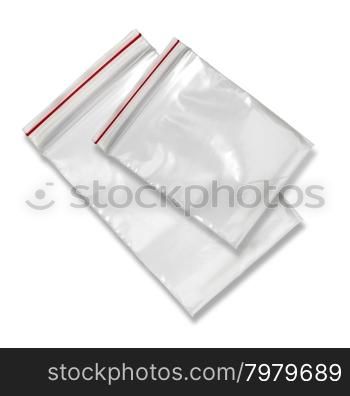 Clear Plastic Bags With Red Seal Isolated on White Background.