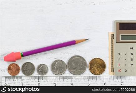 Clear plastic ruler with coins and money reflecting the concept of measuring investments along with a calculator and pencil with eraser on desktop.