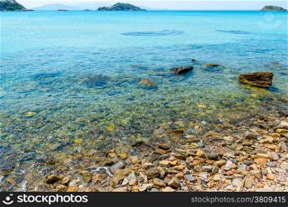 clear sea water and rocky bottom