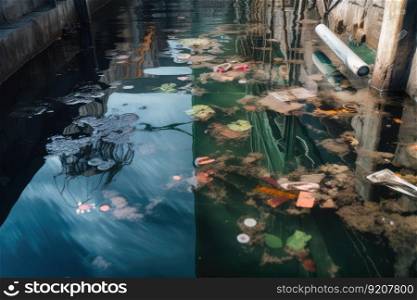 clear sewer pool, with trash and debris floating on the surface, created with generative ai. clear sewer pool, with trash and debris floating on the surface