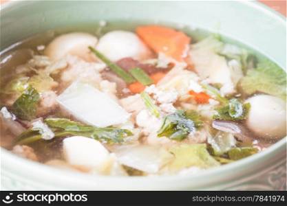Clear soup with egg tofu, minced pork and vegetable