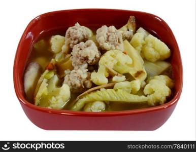 clear soup with minced pork and vegetable